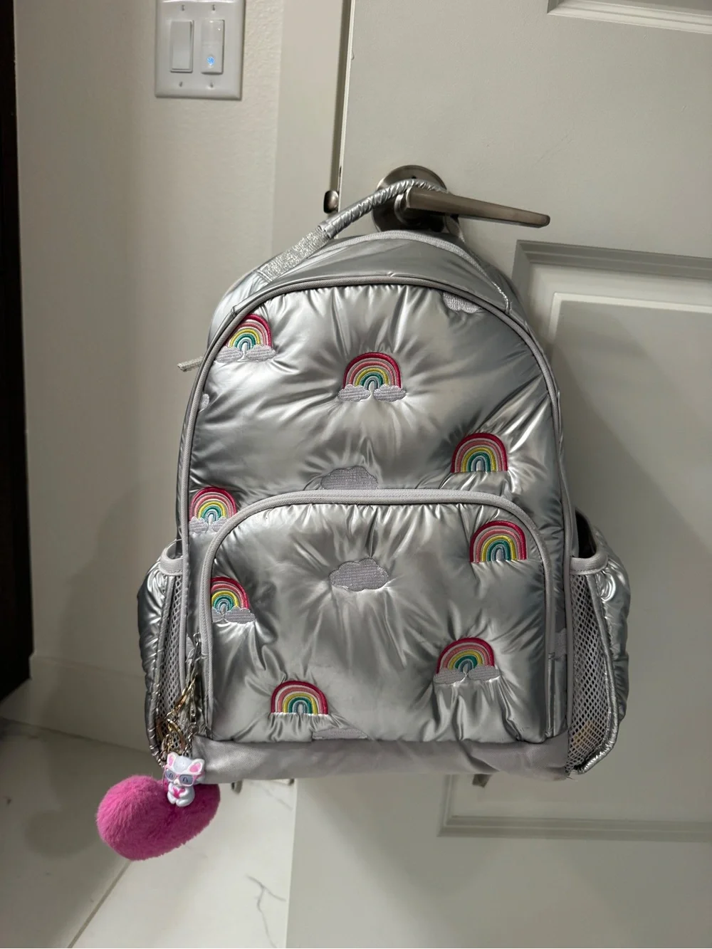 No customization - Pottery Barn Kids Silver Rainbow Embroidered Backpack